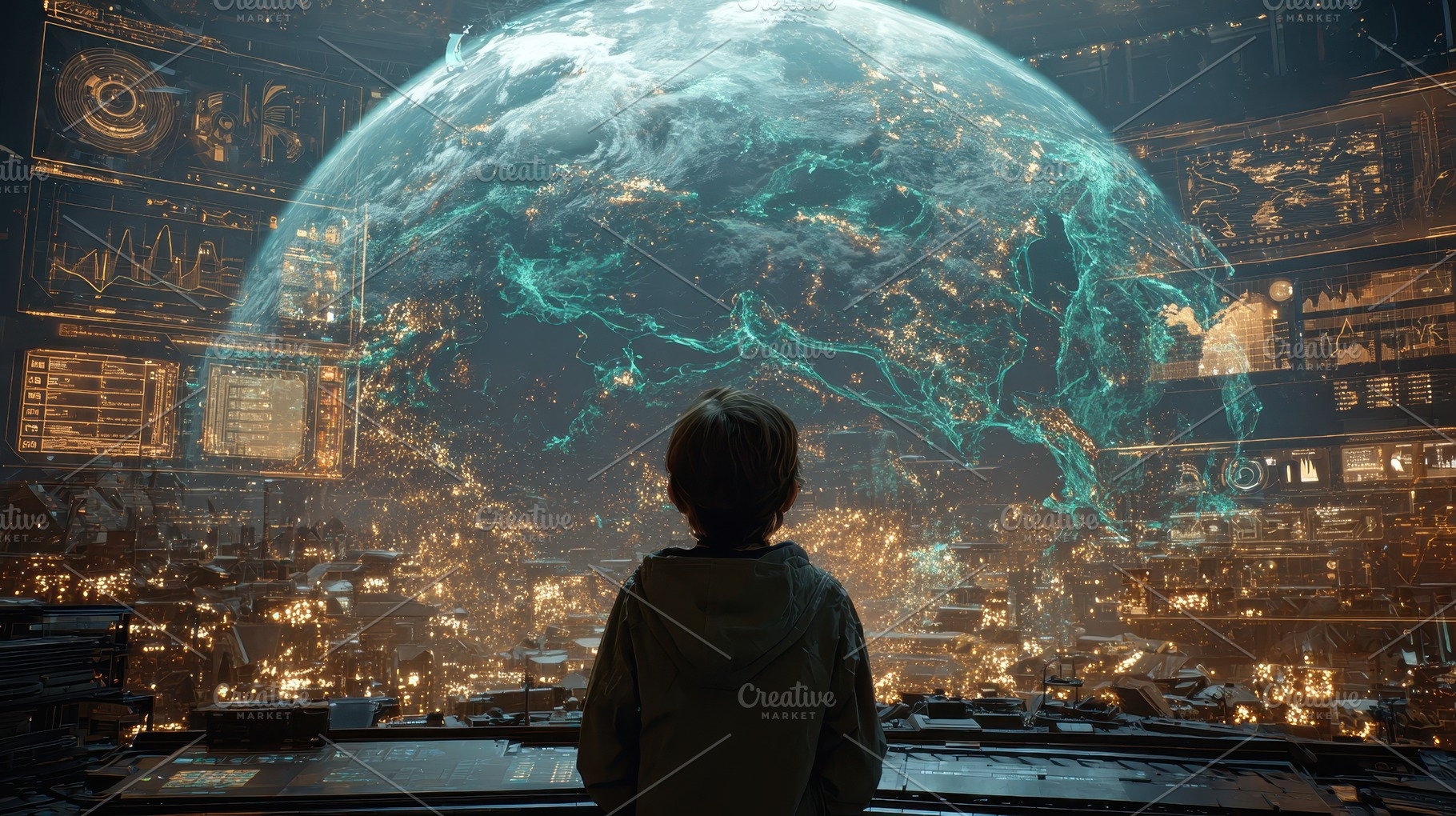 Child observing futuristic Earth dig, a Photo by Pixeness Studio