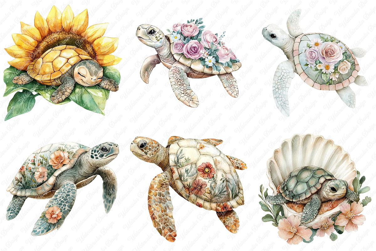 Watercolor Floral Sea Turtles, an Illustration by Watercolor design (Photo 3 of 11)