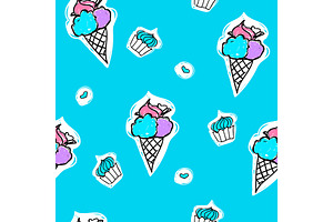 Seamless Pattern With Ice-cream, Cupcake And Heart Shape On A Blue Background. Vector Cartoon Summer Illustration.