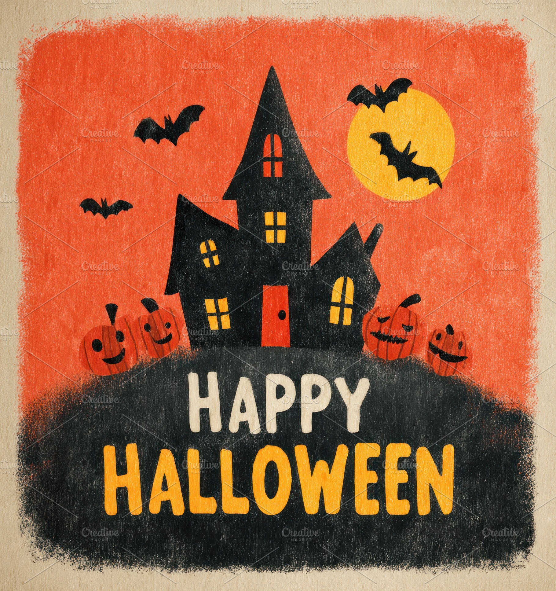 Cute Halloween illustration with haunted house, glowing pumpkins, a Holiday Photo by José Manuel Gelpi