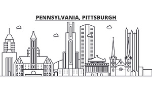 Pennsylvania Pittsburgh Architecture Line Skyline Illustration. Linear Vector Cityscape With Famous Landmarks, City Sights, Design Icons. Landscape Wt