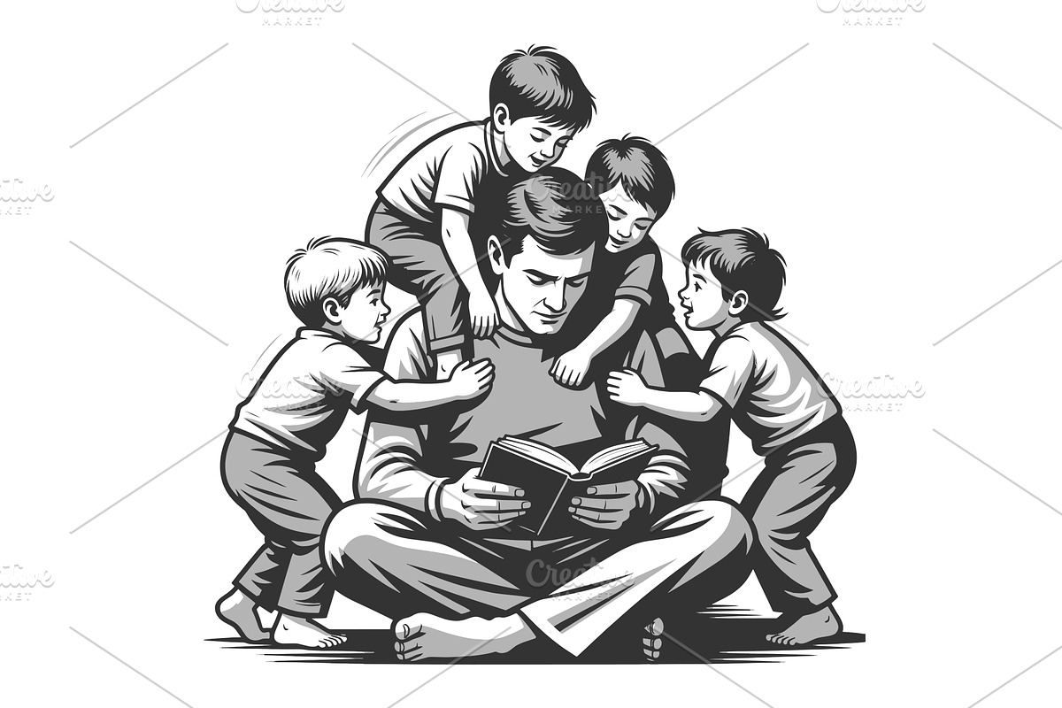 Father Reading Book Surrounded By, a Person Illustration by AlexArt