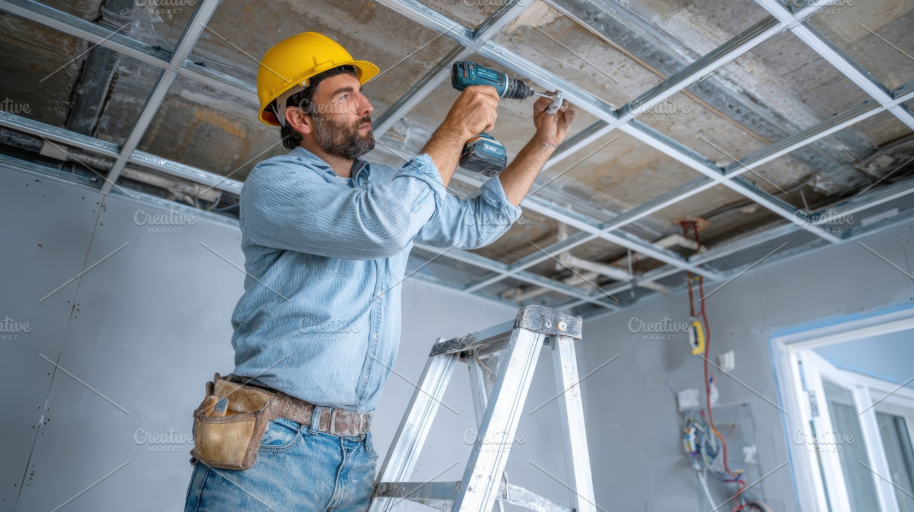 Construction worker installing ceili, a Photo by Pixeness Studio
