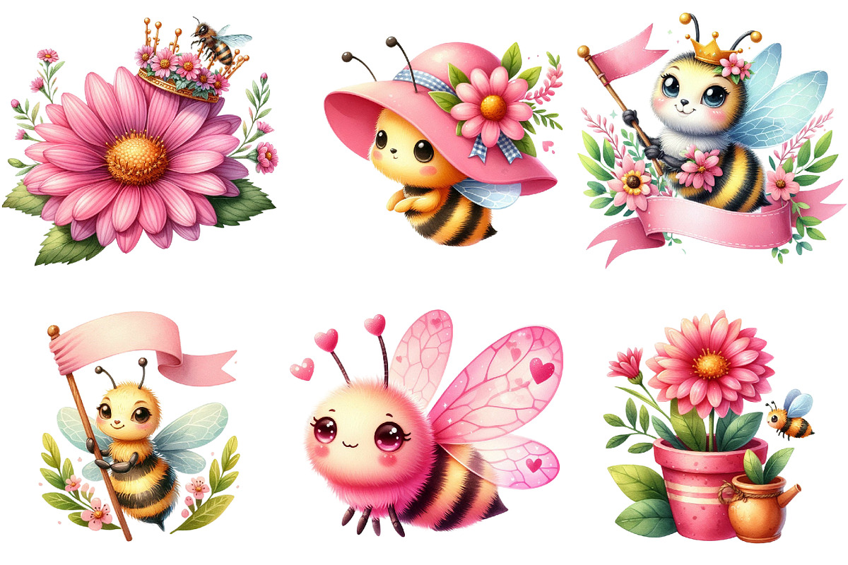 Pink Summer Bees Garden Clipart, an Illustration by Watercolor design (Photo 2 of 4)