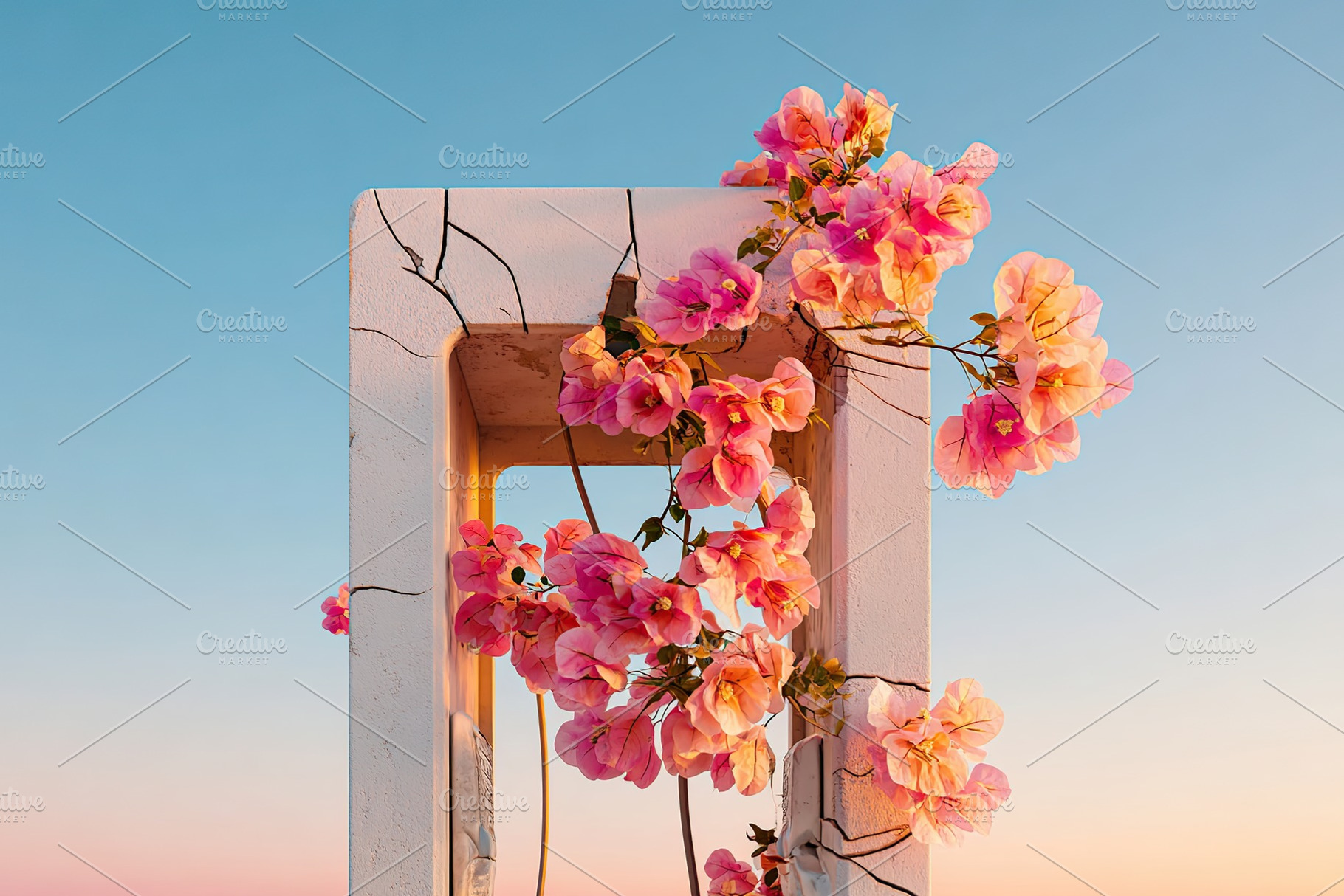 Phone booth overflowing with vibrant flowers against a clear sky at sunset, a Photo by AlyaAnd