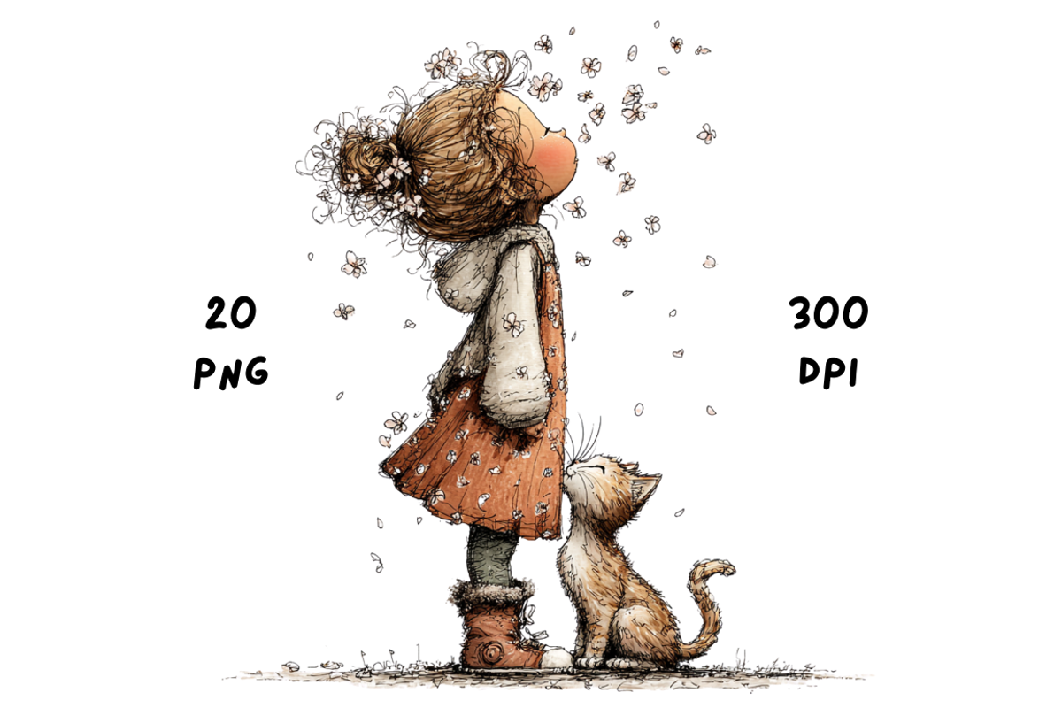 Whimsical Floral Girl & Kitten, an Animal Illustration by GiraffeCreative (Photo 8 of 20)