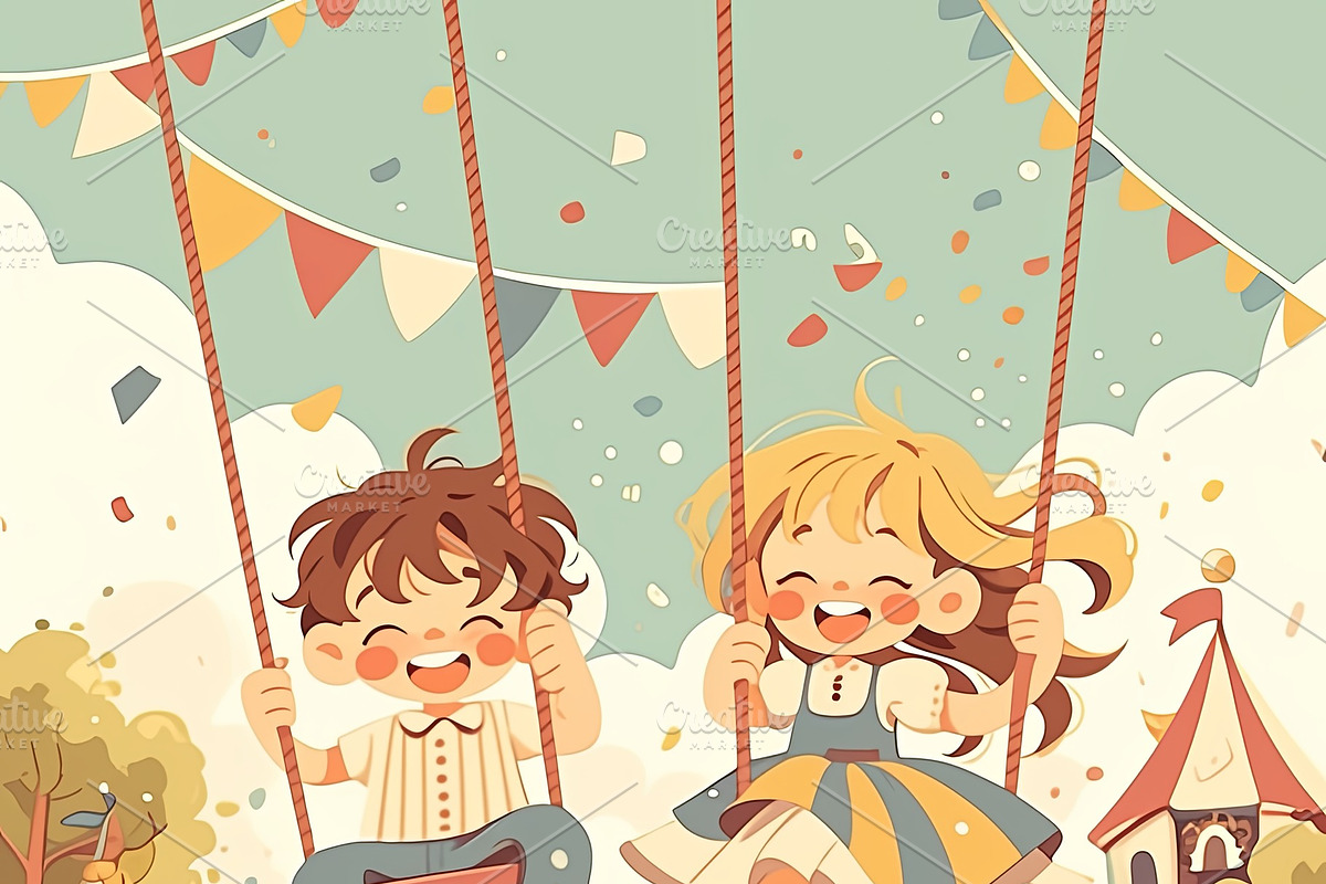 Happy children swinging joyfully at a festive outdoor amusement setting, an Illustration by AS photostudio