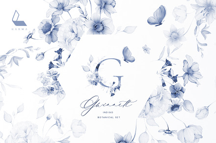 Gwinnett | Indigo | Botanical set, a Decorative Illustration by Karma