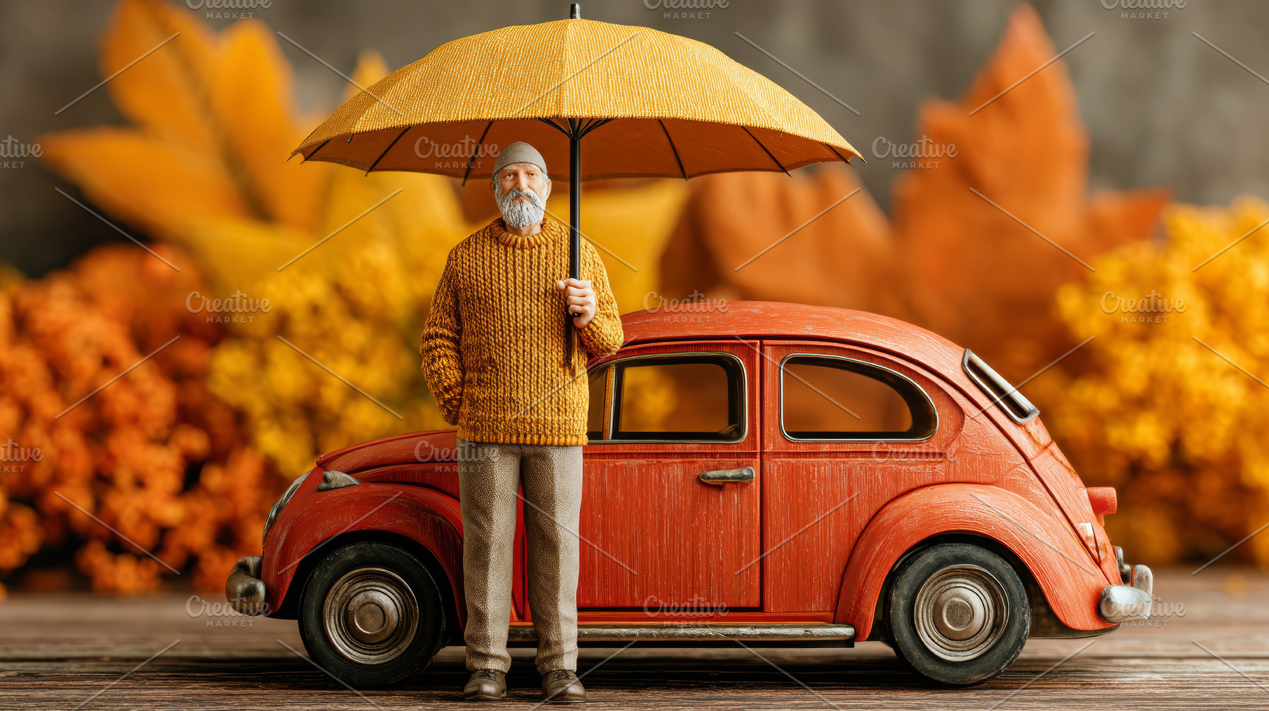 Miniature red car and man holding orange umbrella in autumn background, a Photo by AS photostudio