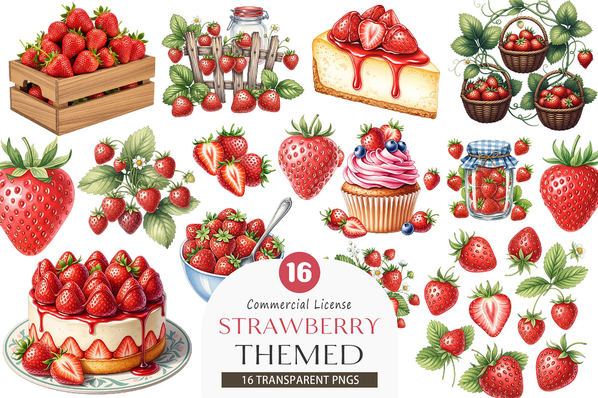 Strawberry-Themed Watercolor PNG, an Illustration by SinaCreation (Photo 1 of 9)