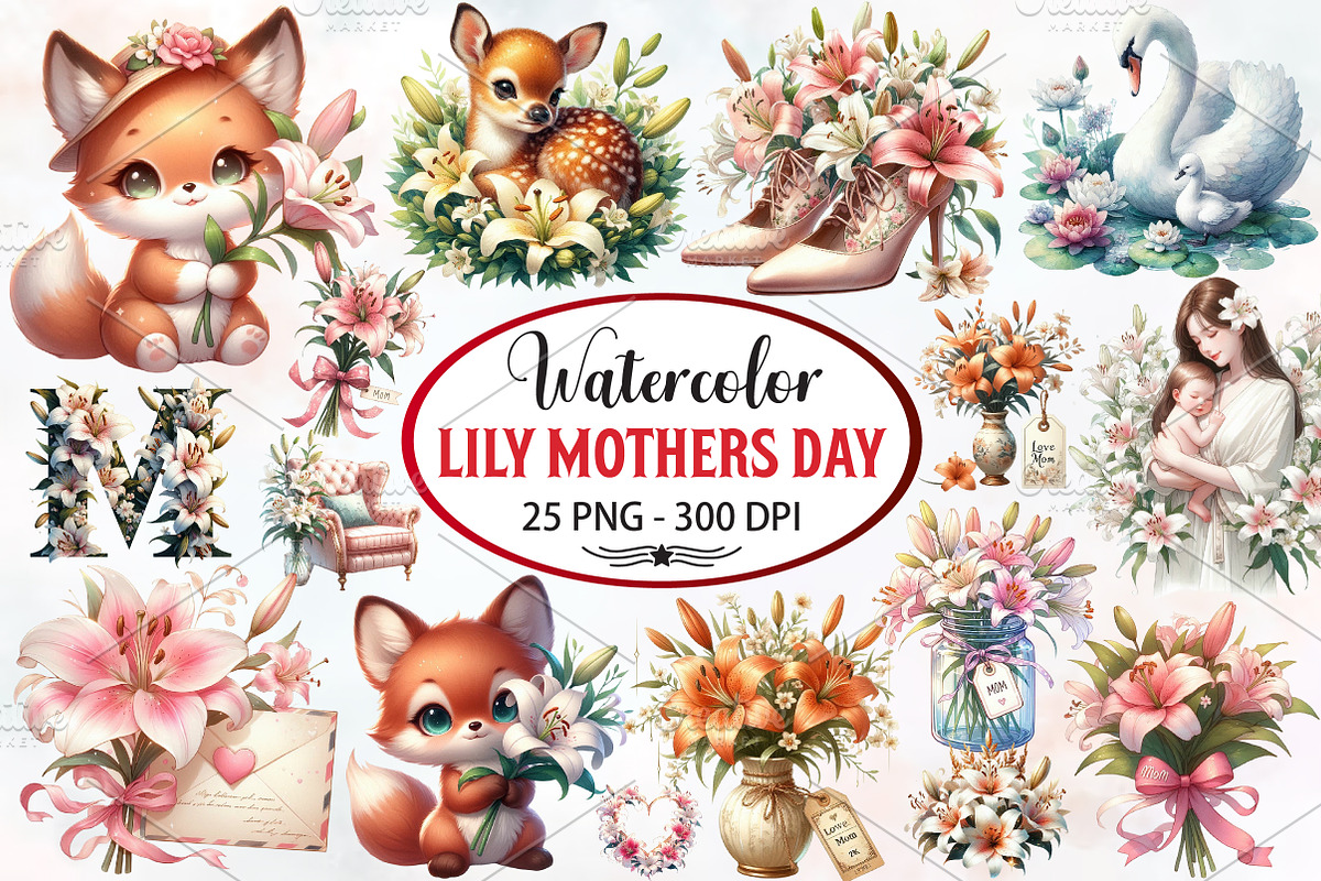 Lily Mothers Day Watercolor Cliparts, an Illustration by RobertsArt (Photo 1 of 4)