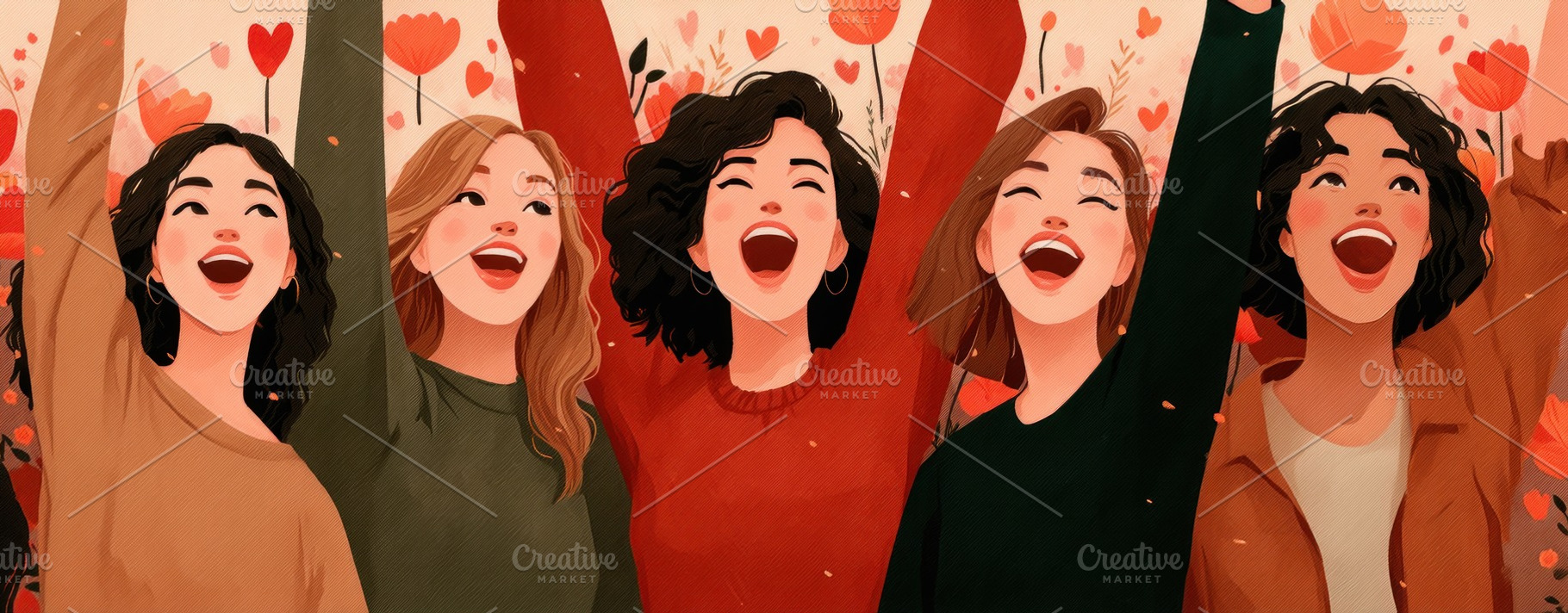 Happy diverse women raising arms in joyful celebration surrounde, a Photo by José Manuel Gelpi