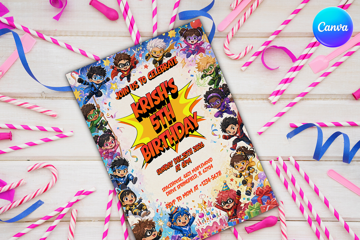 Chibi Superhero Birthday Invitation, an Invitation Template by InvitingStorys (Photo 4 of 12)