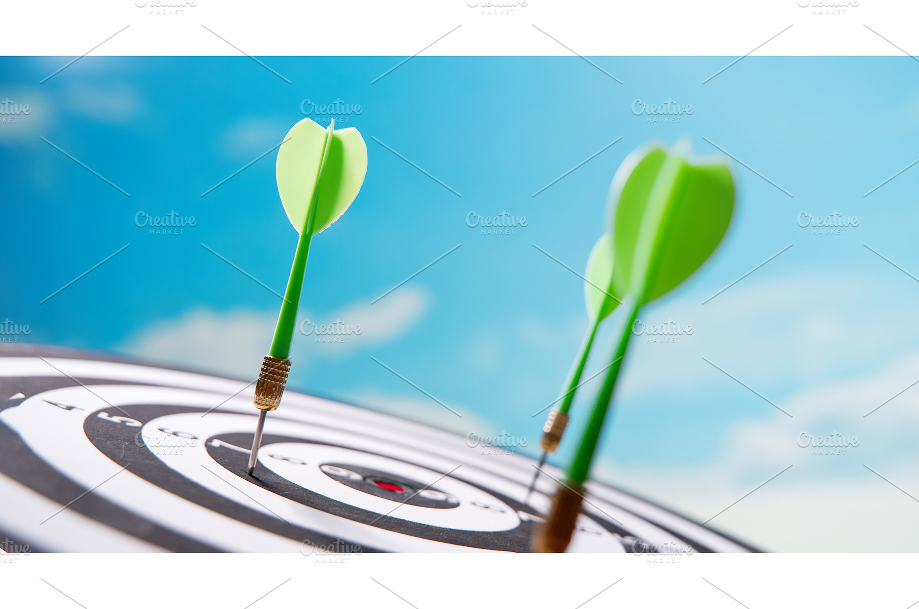 Green darts on dartboard over sky, a Sports & Recreation Photo by Sergey Mironov's store