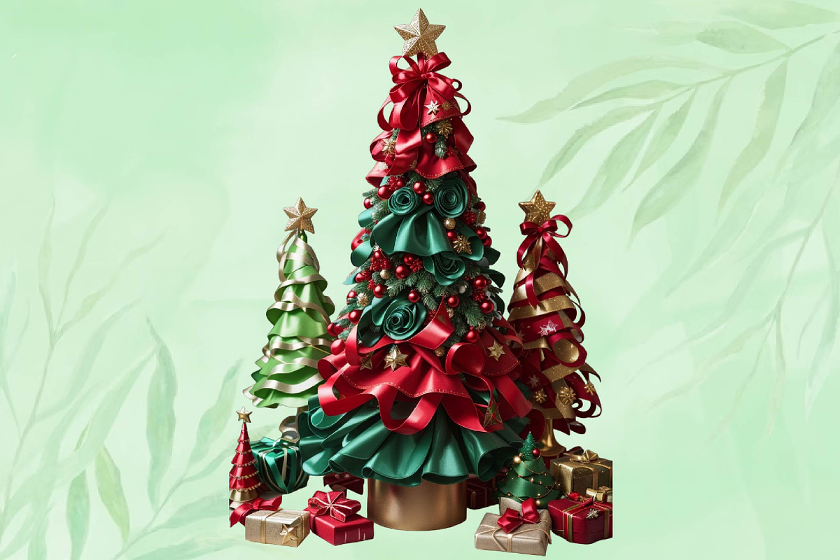 Red and Green Ribbon Christmas Trees, a Seasonal Illustration by Craft Nest (Photo 2 of 5)