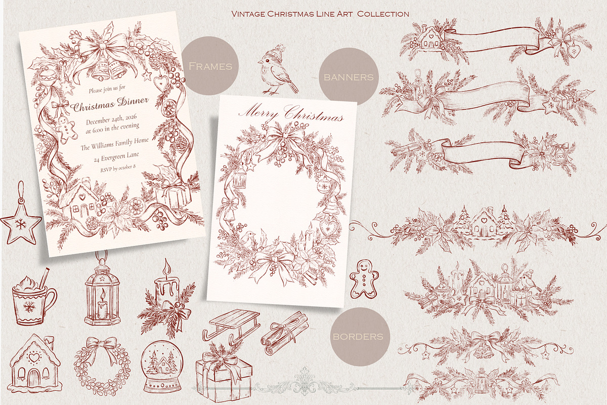 Burgundy Vintage Christmas Line Art, a Decorative Illustration by AlenaVlasko stock Market (Photo 1 of 7)