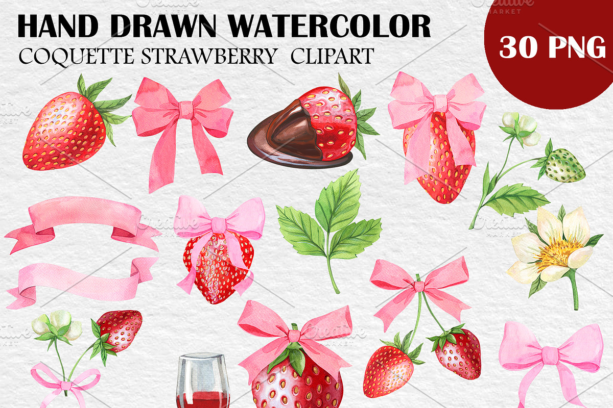 Watercolor Coquette Strawberry PNG, a Food Illustration by PatternPalette (Photo 2 of 3)