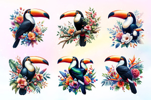 Watercolor Floral Toucans Clipart