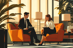 Two professionals discussing business strategies in a modern office lounge sett, a Photo by AS photostudio