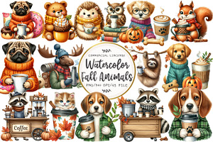 Fall Coffee Animals Clipart, an Illustration by OK Design