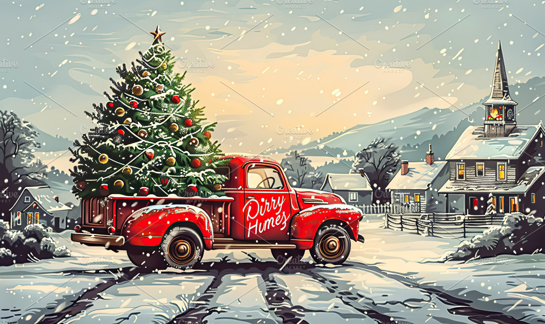 Illustrate a nostalgic Christmas car, a Photo by LOGOCREATIVE