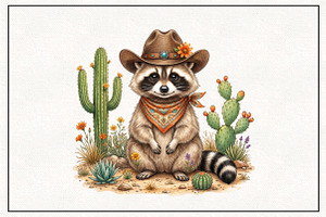 Cowboy Raccoon Western Desert Cactus, an Animal Illustration by CraftArtStudio