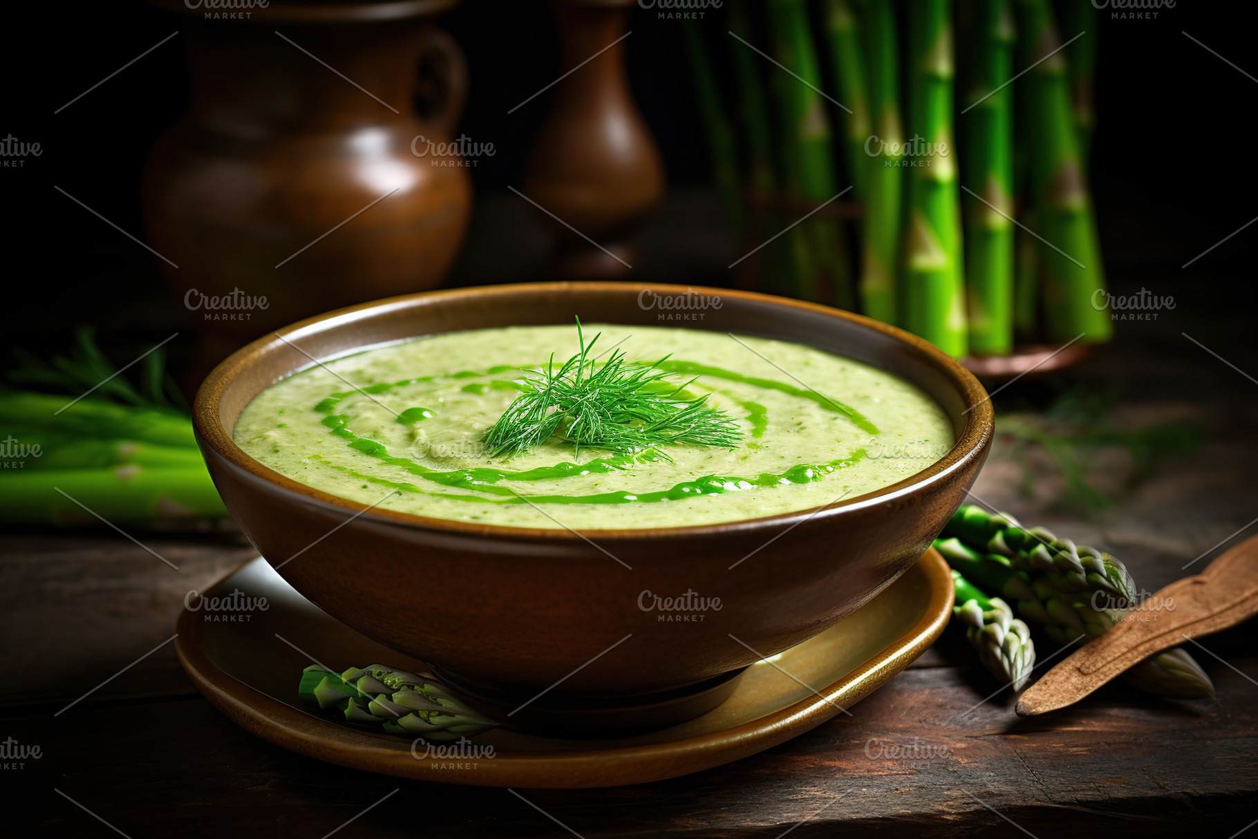 Asparagus cream soup in plate, a Food & Drink Photo by AlyaAnd