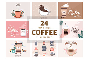 24 Set Coffee Cup Background Vector