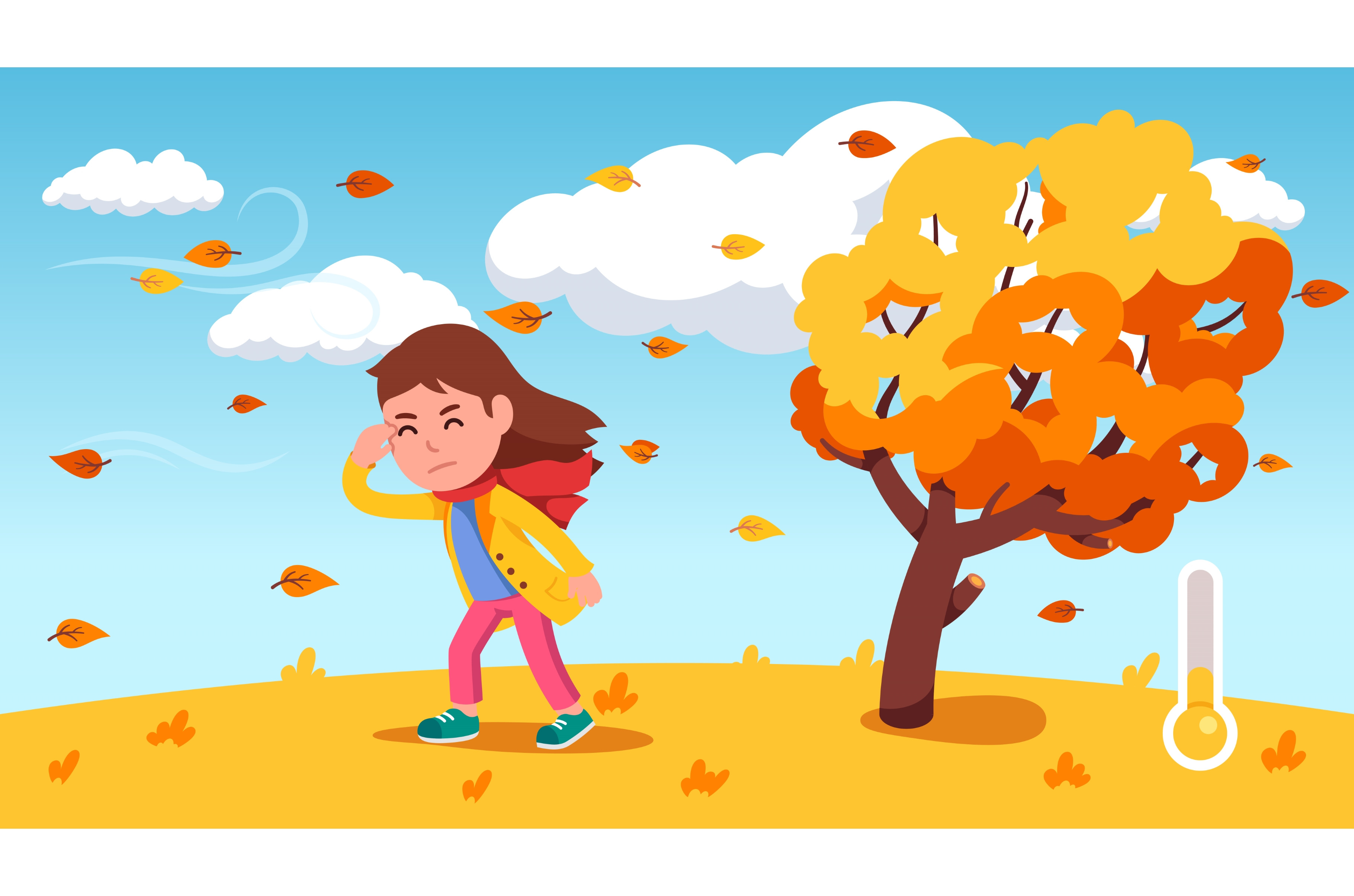 Girl kid walking against autumn wind, an Education