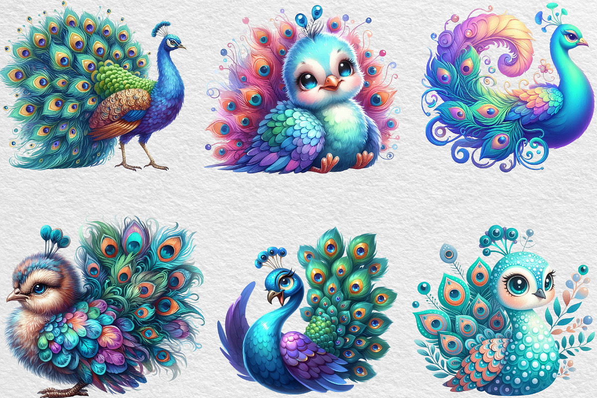 Cute Adorable Peacock Clipart, an Illustration by Black Bird Studio (Photo 4 of 4)