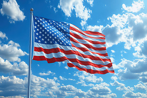 American flag fluttering in the wind on blue sky background, a Photo by AlyaAnd
