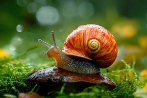 Cute snail rests on a mushroom, a Photo by Pavel_design