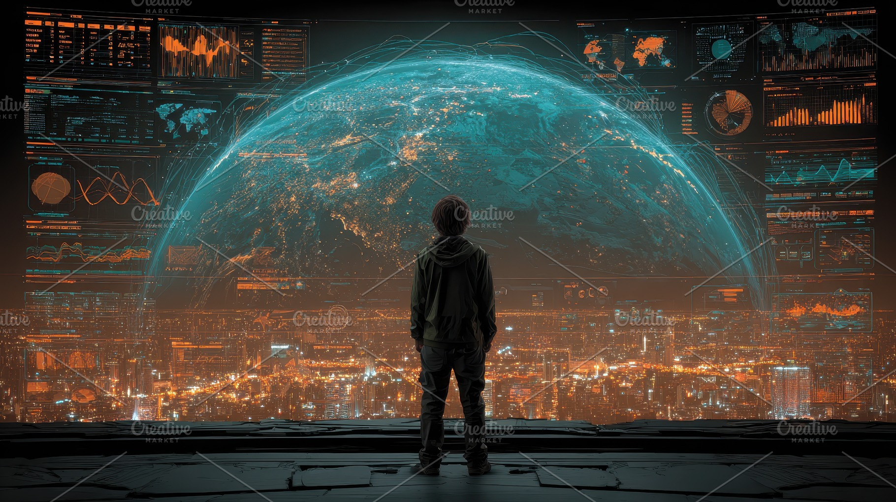 Person viewing futuristic city globa, an Abstract Photo by Pixeness Studio
