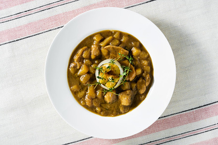 Potato and fresh porcini mushroom soup with caramelized onion. M