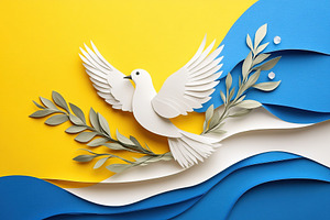 White paper dove of peace with olive branch on Ukrainian flag background, a Photo by AlyaAnd