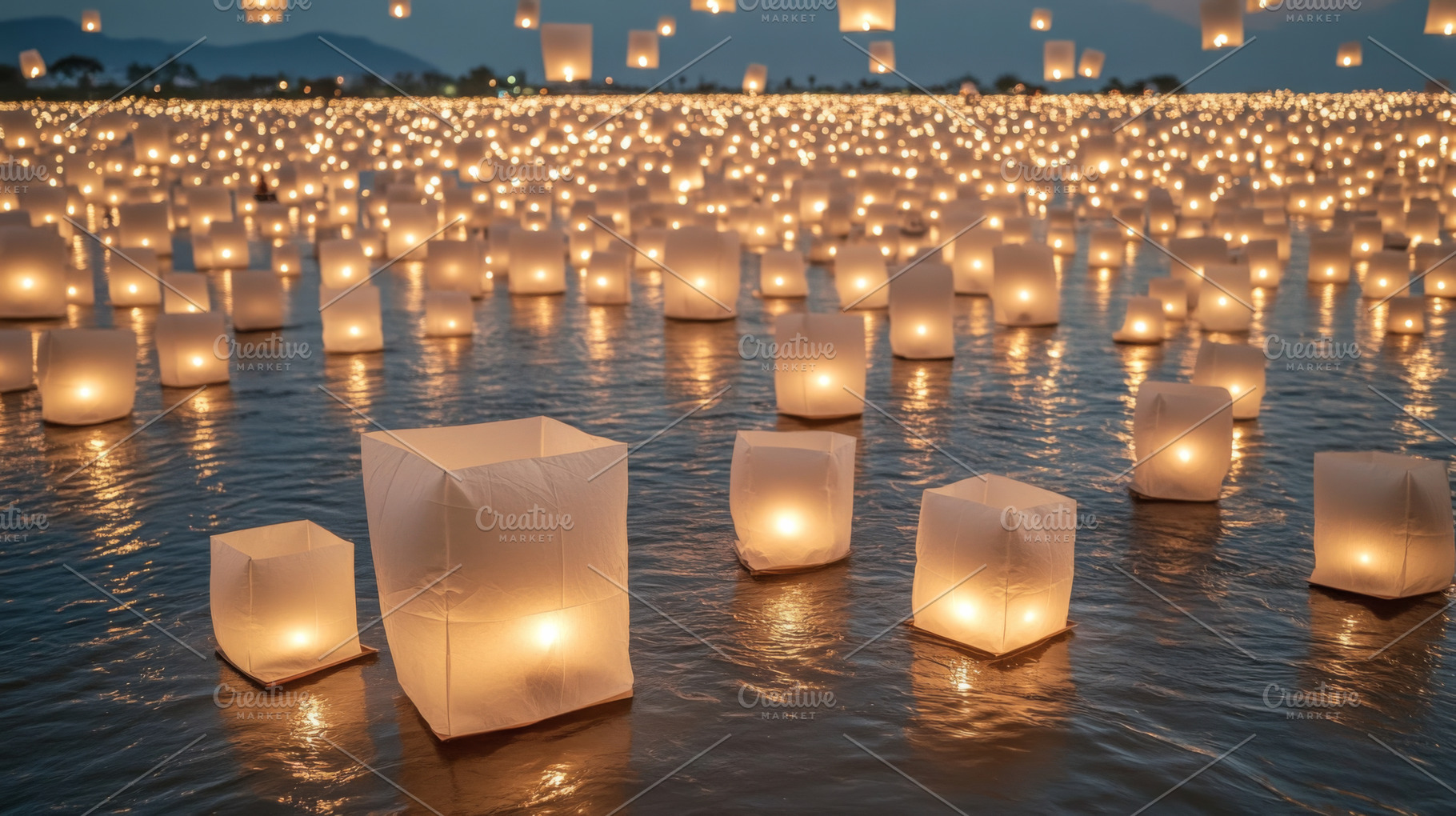 Floating lanterns on water during As, a Photo by Dvoevnore photos