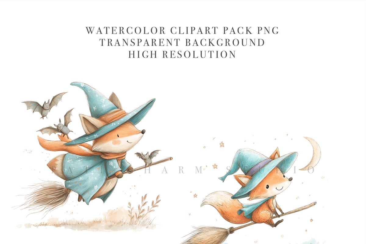 30 Watercolor Fox Witch Clipart PNGs, an Animal Illustration by Pati Charm Studio (Photo 4 of 8)
