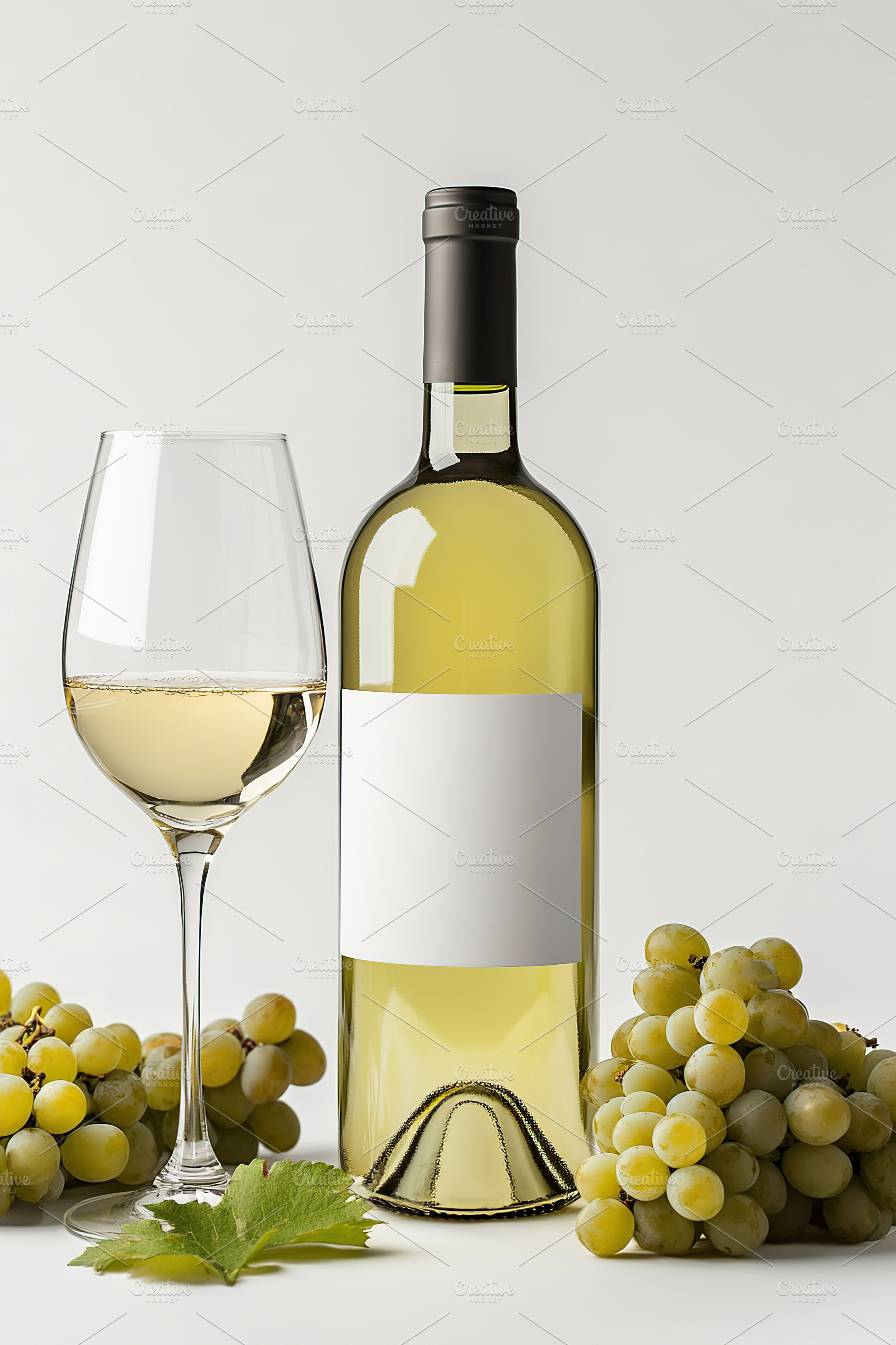 Elegant white wine bottle with blank label beside fresh green gr, a Food & Drink Photo by AlyaAnd