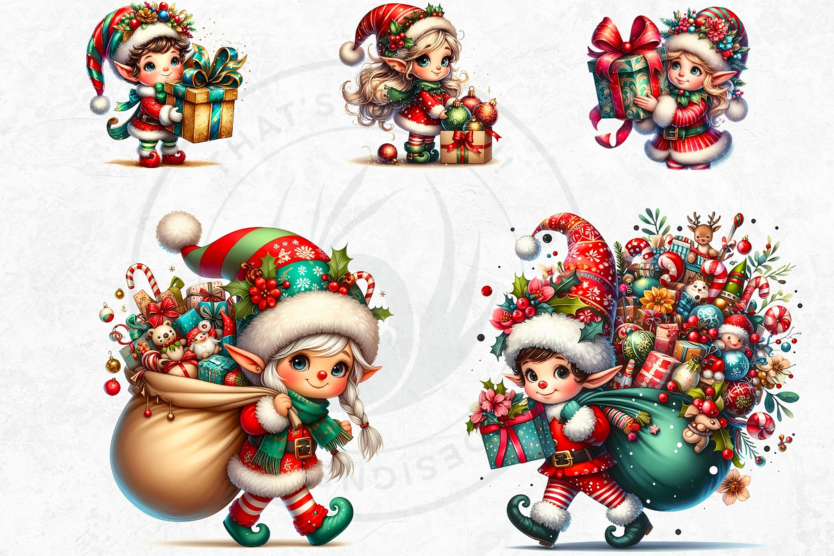 Christmas elves Clipart Set, a Seasonal Illustration by ThatsDesignArt (Photo 5 of 10)