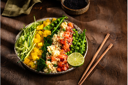 Healthy bowl with salmon and