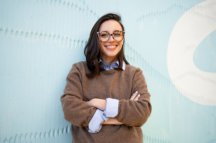 Happy woman in glasses outdoor, a Person Photo by andreonegin market