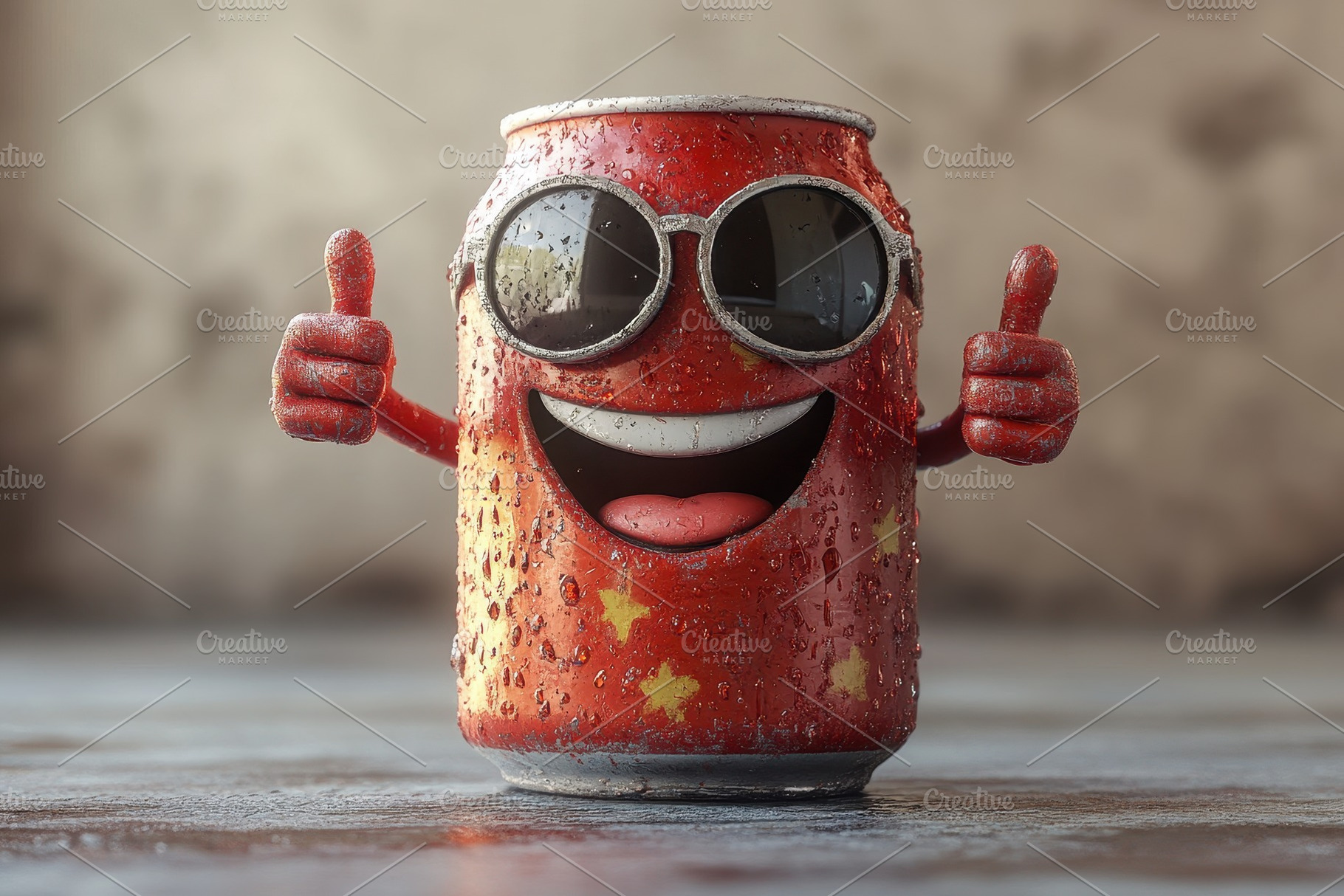 Cheerful soda can character enjoying, a Photo by Tanuart