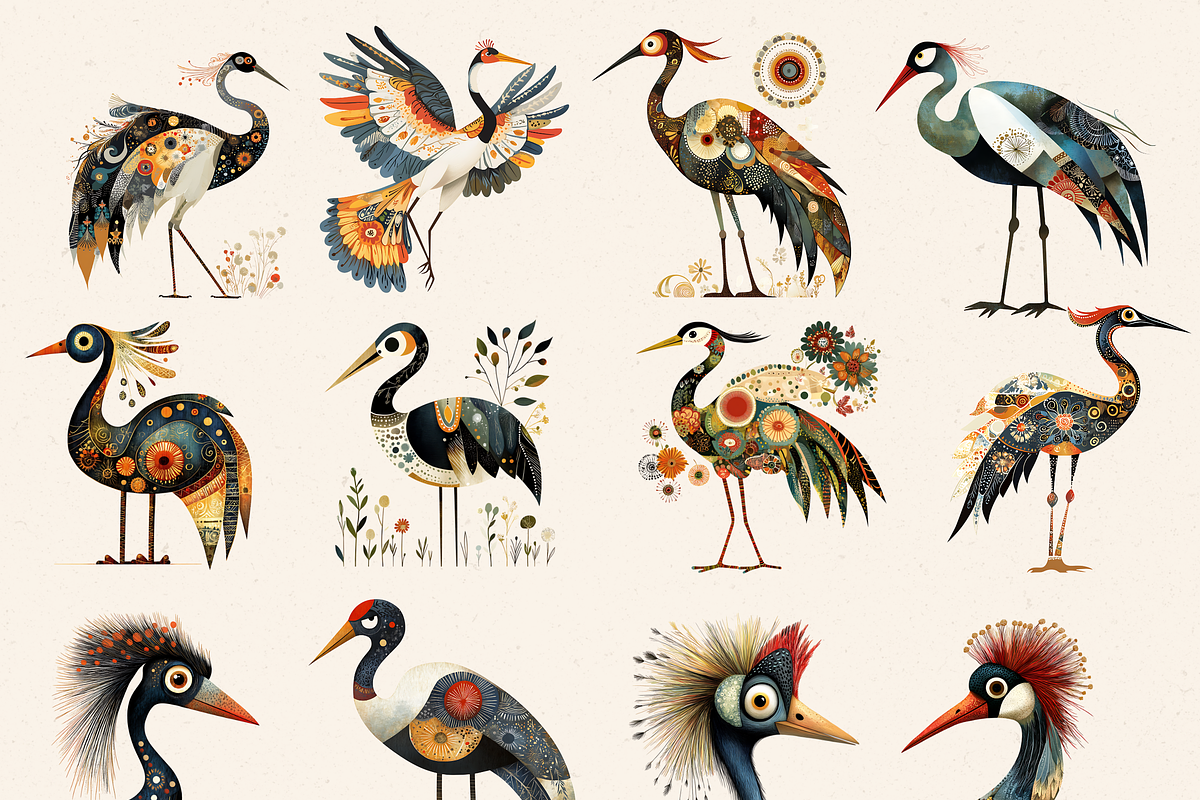 WHIMSICAL FOLK CRANE BIRD CLIPART, an Animal Illustration by Daring Digies (Photo 2 of 9)