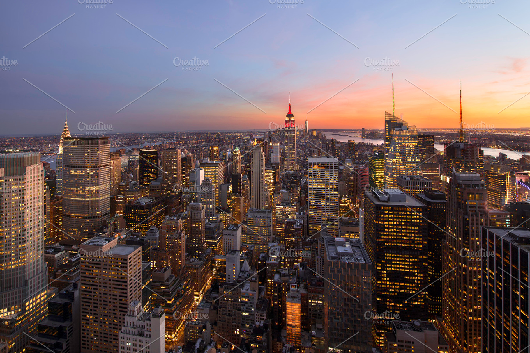 Sunset over new york city stock photo containing aerial and america, an Architecture Photo by inigocia