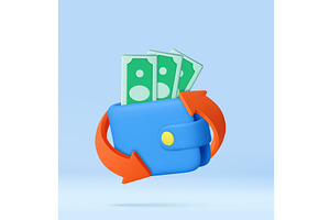 3D Wallet with Cash and Sync Arrows, a Finance Illustration by ModVector