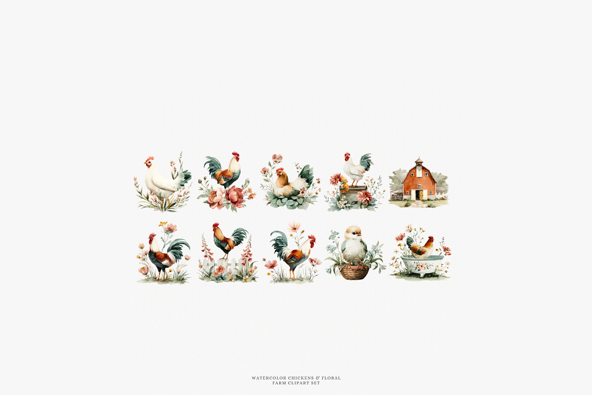 Rustic rooster and chicken watercolo, a Decorative Illustration by Patishop Art (Photo 7 of 8)