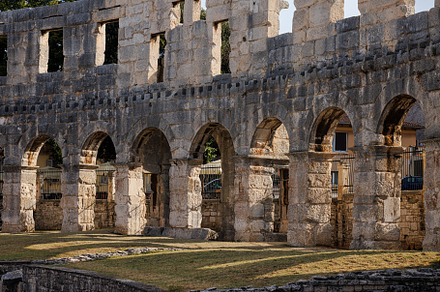 A wall fragment of ancient Roman amphitheater in Pula, Croatia