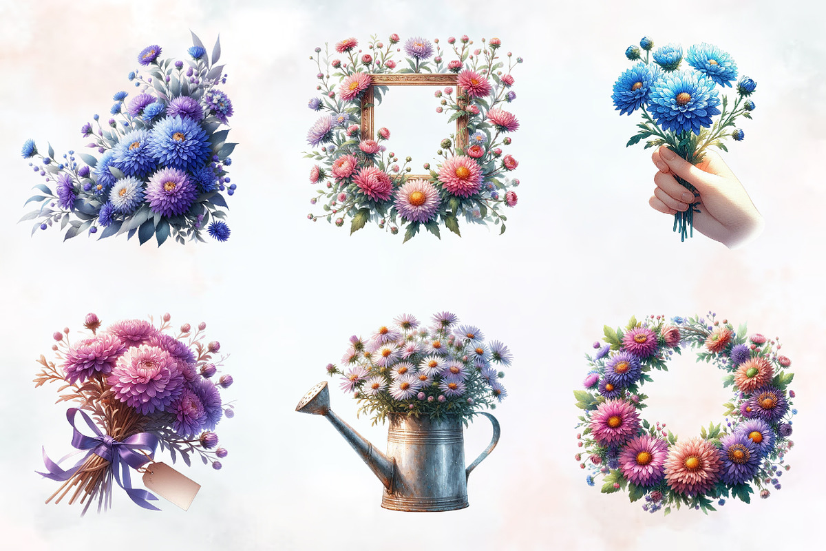 Aster Flower Watercolor Cliparts, an Illustration by RobertsArt (Photo 3 of 8)