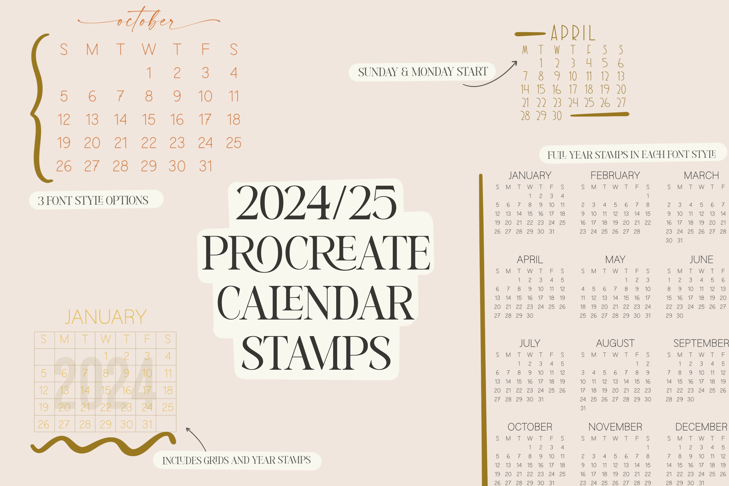 2024 & 2025 Procreate Calendar Set, a Brush AddOn by Sometimes Crafter