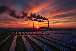Solar panel farm and industrial power plant at sunset